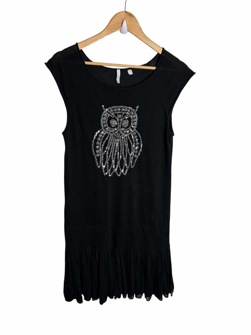 Iisli black beaded & sequins owl midi dress with pleated hem midi dress size L